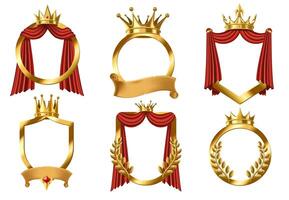 Golden crowned frame. Premium emblem mockup with gold laurel wreath, royal shield and king crown for avatar and certificate design. 3D illustration set vector