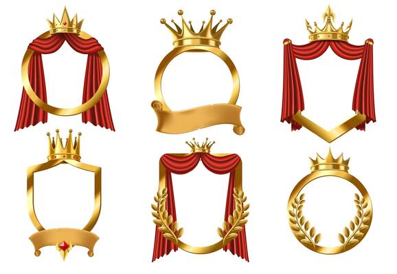 Golden crowned frame. Premium emblem mockup with gold laurel wreath, royal shield and king crown for avatar and certificate design. 3D illustration set
