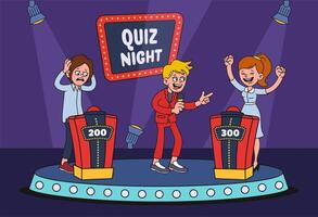 Cartoon TV quiz game. Erudite show host congratulates winner for right final question answer illustration vector