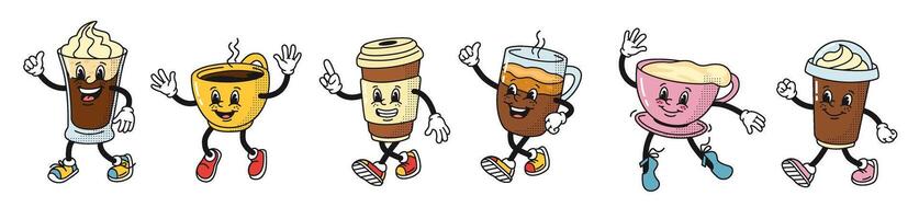Cartoon coffee drinks mascots. Cups of espresso, cappuccino and latte in style of 1930s rubber hose animation character. Isolated illustration set vector