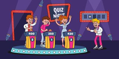TV quiz show. Happy characters playing intellectual game and asking quiz questions. Television erudite show in style of 1930s cartoon. illustration vector