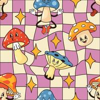 Trippy cartoon mushroom pattern. Psychedelic groovy fungi dancing on checkerboard seamless whimsical grid background illustration vector