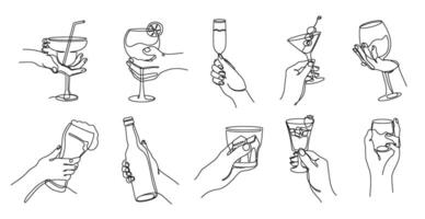 Continuous one line cheers hands. Linear hands raising various glasses with alcohol drinks in celebration. Toast of elegance isolated illustration set vector