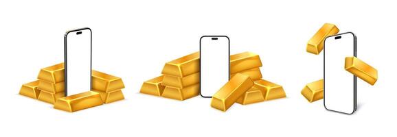 Smartphone mockup with gold bars. Premium finance mobile phone app template with banking gold and empty cellphone screen illustration set vector