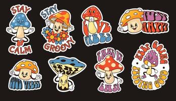 Cartoon mushrooms stickers. Groovy fungi, stay calm and good vibes print designs with funny mushroom characters set vector