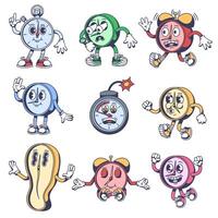 Cartoon time mascots. Stopwatch character, alarm clock going late, timer bomb, zen meditation time and melted clock isolated illustration vector