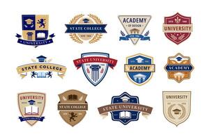 Education emblem. State college, academy and university badges with books, laurel wreaths and traditional shield shapes. Academic insignia label set vector