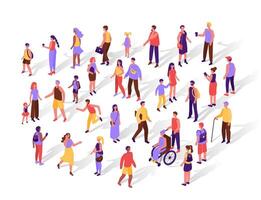 Top view diverse isometric people. Minimal flat human characters group, simple crowd isolated illustration set vector