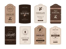 Cocoa label. Classic chocolate emblems with cocoa beans, artisanal product branding design template set vector