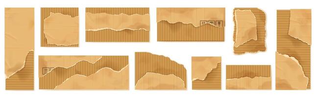 Torn cardboard pieces. Damaged paperboard sheet texture scraps with jagged edges, crafting and shipping packaging isolated illustration set vector