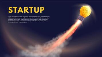 Launch idea. Run startup business, rocket boost for ideas and light bulb fly high illustration vector