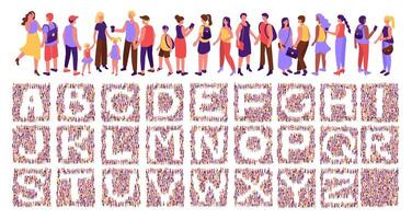 Crowd font. Social typography with isometric top view citizens. Community of people with alphabet letters in negative space set vector