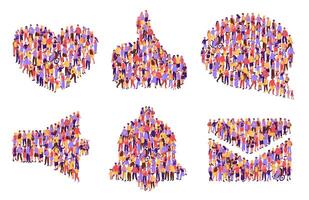 Top view isometric crowd icons. Heart shape, thumb up like, social speech balloon comment, notification bell and email envelope symbol vector