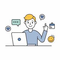 illustration of a digital marketer with laptop and some icon vector