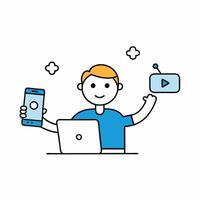 illustration of a digital marketer with laptop and some icon vector