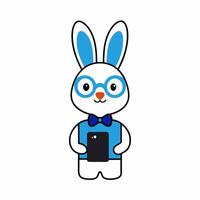 Adorable illustration of a rabbit with big glasses, a bow tie, and holding a mobile. Perfect for quirky designs, digital art, and fun projects vector