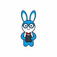 Adorable illustration of a rabbit with big glasses, a bow tie, and holding a mobile. Perfect for quirky designs, digital art, and fun projects vector