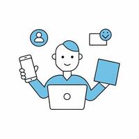 illustration of a digital marketer with laptop and some icon vector