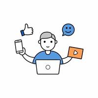illustration of a digital marketer with laptop and some icon vector
