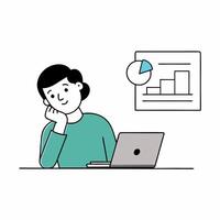Investor analyzing trade graph on a laptop in this detailed illustration. Ideal for financial presentations, reports, and educational materials. High-quality and precise design vector