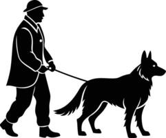 man walking with german shepherd on white background vector