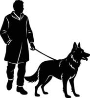 man walking with german shepherd on white background vector