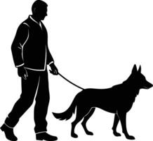 man walking with german shepherd on white background vector
