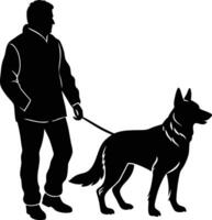 man walking with german shepherd on white background vector