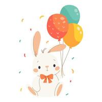 Cute bunny sitting with balloons, confetti around, birthday illustration, illustration in children's style, white background vector