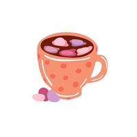 one isolated simple orange flat cup with dots with chocolate and marshmallows on the white background. simple flat art vector