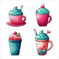 set of four isolated colorful coffee cups on the white background. group of sticker art vector