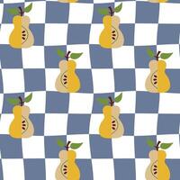Retro Groovy Background. Seamless pattern with checkers and pears. 60's style. Design for packaging, background, wallpaper, t-shirt vector