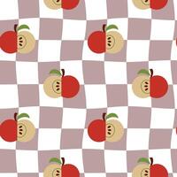 Retro Groovy Background. Seamless pattern with checkers and apples. 60's style. Design for packaging, background, wallpaper, t-shirt vector