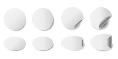 Set of paper round stickers with peeling corner and shadow, isolated rounded plastic mockup, realistic set round paper adhesive sticker mockup with curved corner vector