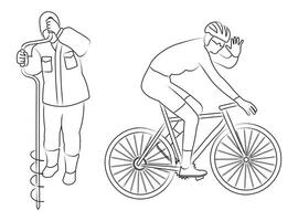 Cyclist on a bicycle, fisherman with ice auger, linear sketch silhouette vector