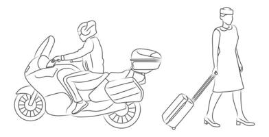 Motorcyclist on a motorcycle, flight attendant with a suitcase, linear sketch silhouette vector