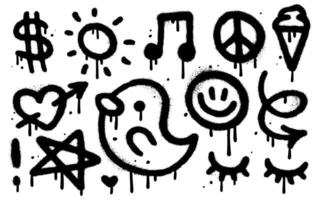 Big Set of simple graffiti spray elements. Collection of sprayed texture bird, peace, heart, dollar, sun, arrow, melody note. Elements on white background for banner, decoration, street art. vector