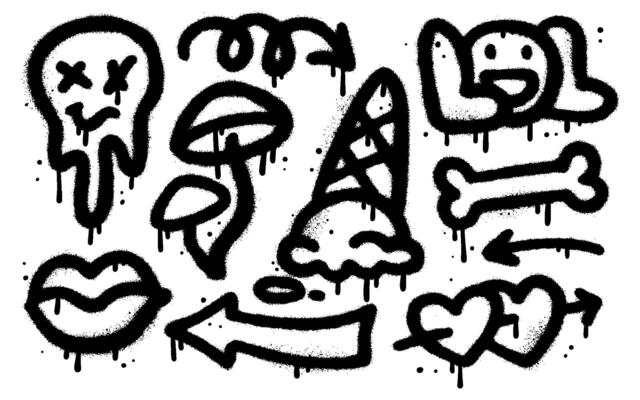 Graffiti spray paint grunge elements set. Collection of street art style icons and rebellious symbols. Melting emoji, ice-cream, lol, lips, mushrooms and hearts, bone. illustration.