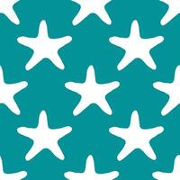 Seashells seamless pattern with starfish silhouette illustration in white color on turquoise background. Sea star sketch, sea drawing. Summer ocean beach seaside print for background, textile, fabric vector