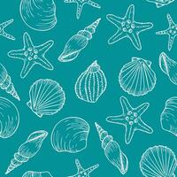 Underwater seamless pattern with seashell line art illustrations in white color on turquoise background. Scallop sketch, seashell line drawing. Summer ocean beach print for background, textile, fabric vector