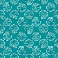 Underwater seamless pattern with seashell line art illustration in white color on turquoise background. Scallop sketch, seashell line drawing. Summer beach ocean print for background, textile, fabric vector