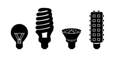 Lightbulb Set black Silhouettes of different types of lamp. Incandescent light bulb, fluorescent, halogen, diode. Energy saving lighting. LED. Outline lighting fixtures collection. illustration vector
