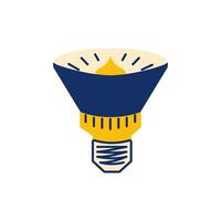 Halogen lamp isolated. Bulb for spot lighting on ceiling. Disc-shaped reflector. Lighting equipment in cone. Illumination. Electricity. Flat style. Color image - yellow and blue. illustration vector