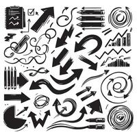 Charcoal hand drawn pencil arrows, business scribbles and circle boxes set. Chalk marker curved squiggle textured elements and lines. illustration of freehand crayon sketch vector