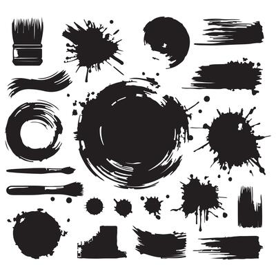 Grungy paint brush strokes and artistic ink splatters with smears and stains. Ink paint splashes with drips, blot drops, dry brush marks, rough round frames. illustration with white background