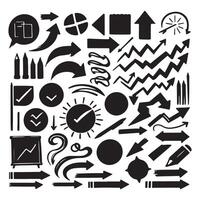 Charcoal hand drawn pencil arrows, business scribbles and circle boxes set. Chalk marker curved squiggle textured elements and lines. illustration of freehand crayon sketch vector