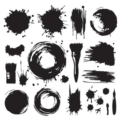 Grungy paint brush strokes and artistic ink splatters with smears and stains. Ink paint splashes with drips, blot drops, dry brush marks, rough round frames. illustration with white background