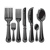 Set of fork, knife, spoon. Logotype menu. Set in flat style. Silhouette of cutlery. illustration vector