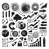 Charcoal hand drawn pencil arrows, business scribbles and circle boxes set. Chalk marker curved squiggle textured elements and lines. illustration of freehand crayon sketch vector