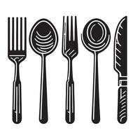 Set of fork, knife, spoon. Logotype menu. Set in flat style. Silhouette of cutlery. illustration vector